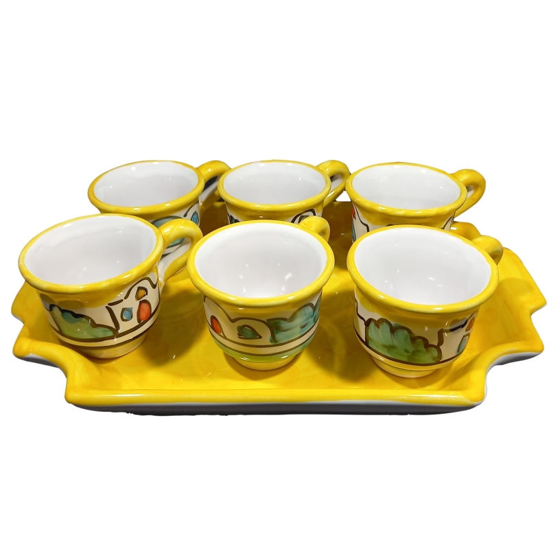 Servicio 6 tazas de café Naif con bandeja amarilla de un color en cerámica Vietri.