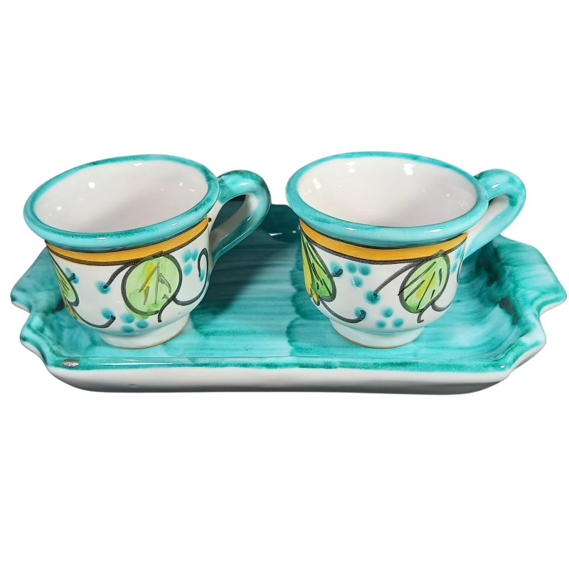 Tête-à-tête cups set "Costiera verde ramino" and with one-color green tray in Vietri ceramic 