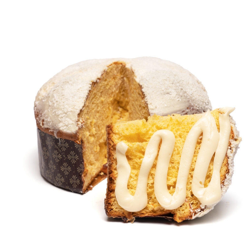 Melliot panettone covered with white chocolate cream and coconut grains with sac a poche of cream raffae '1 Kg.