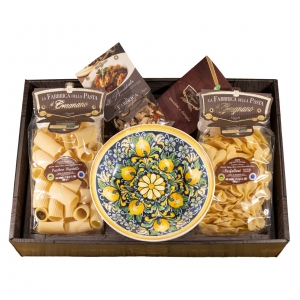Confezione regalo Amalfi con piatto fondo , pasta e condimento - la Fabbrica della Pasta di Gragnano.
