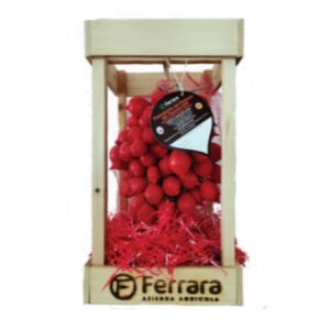 Ferrara Azienda agricola Tomates cherry Piennolo del Vesuvio DOP en racimos sobre percha de madera 1,5 Kg.
