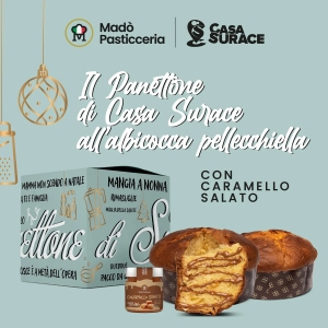 madò pasticceria Handgefertigter Panettone von „CASA SURACE“ mit Aprikose und gesalzener Karamellcreme 950 gr