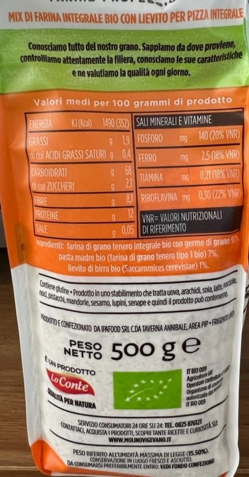 Organic Flour for Wholemeal Pizza 500 Gr. - Molino Vigevano.